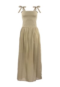 Beżowa maxi sukienka z marszczonym gorsetem, regulowanymi paskami do wiązania oraz zwiewną, marszczoną spódnicą wykonaną z lekkiego materiału.