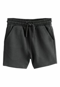 Pantaloni scurți atletici de culoare gri închis, confecționați dintr-un material moale, cu talie elastică reglabilă prin șnur, două buzunare laterale și croială dreaptă.