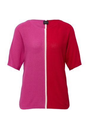 T-shirt à manches courtes avec un design coloré en rose et rouge, orné d'une bande blanche verticale au centre. Texture douce.