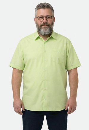 Mittelalter Mann mit grauem Bart und Brille, der ein hellgrünes kurzärmeliges Hemd mit Knöpfen und eine dunkle Hose trägt, steht mit dem Gesicht nach vorne.