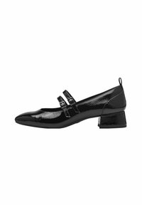 Chaussures noires en cuir verni avec un bout pointu, deux brides réglables et un petit talon carré. Texture lisse avec une finition brillante.