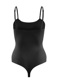 Zwarte bodysuit met dunne verstelbare schouderbandjes, een gladde textuur en een aansluitend ontwerp. Heeft een lage rug en een stringonderkant voor minimale bedekking.