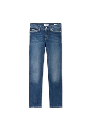 Blauwe rechte jeans met voor- en muntzakken, knoop- en ritssluiting en subtiele vervaagde details op de dijen en knieën.