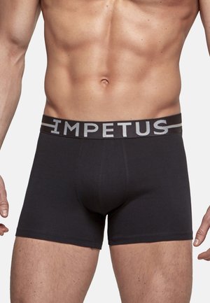 Black men's boxer shorts made of cotton with a wide elastic waistband featuring the word "IMPETUS" in silver lettering.