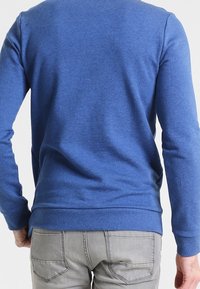 Blå bomullströja med långa ärmar, ribbad nederkant och ärmslut, samt ett lätt, strukturerat tyg. Bärs med ljusgrå denimbyxor.