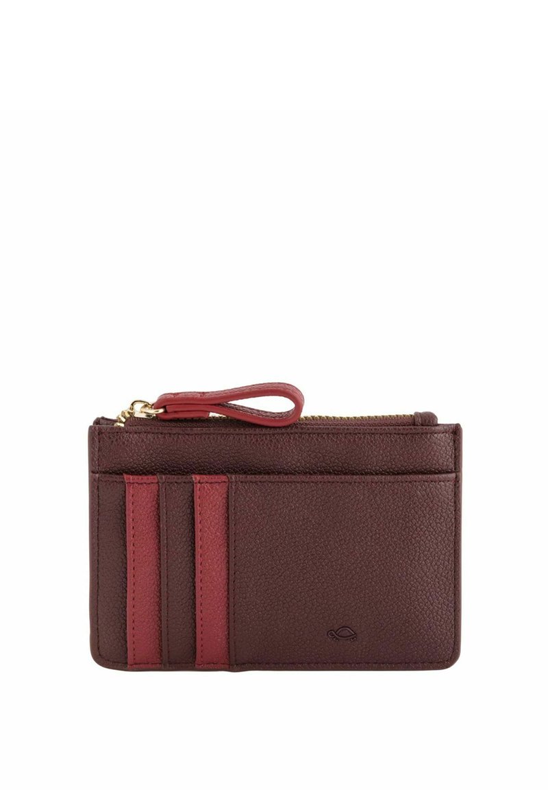 Maroon leather wallet with a textured finish, featuring a zippered compartment, four card slots, and a wrist strap. Gold hardware accents.