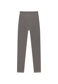 Grijze leggings met een hoge tailleband, gemaakt van een gladde, rekbare stof. Het ontwerp is aansluitend en heeft geen zichtbare naden.