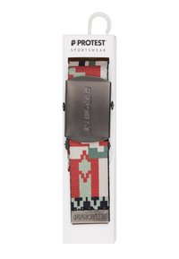 Woven fabric belt in red, green, and cream, featuring geometric patterns. Metal buckle with "PROTEST" logo and a hanging tag for display.