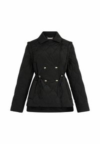 Veste matelassée noire avec boutons argentés croisés, cordons de taille ajustables, manches longues et col plié.