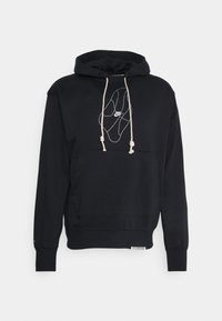 Felpa nera con cappuccio regolabile, tasca anteriore e logo Nike argento con design a linea ondulata. Tessuto in cotone misto, vestibilità normale.