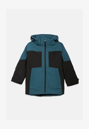 Teal and black hooded jacket with a front zipper, large pockets, and a logo accent. Features a textured fabric and adjustable cuffs.