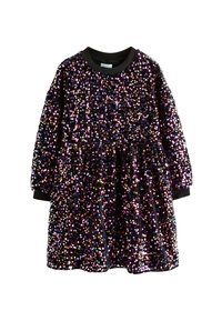 Abito nero coperto di paillettes multicolori con maniche lunghe e vita arricciata. Presenta un collo rotondo e polsini a coste neri.