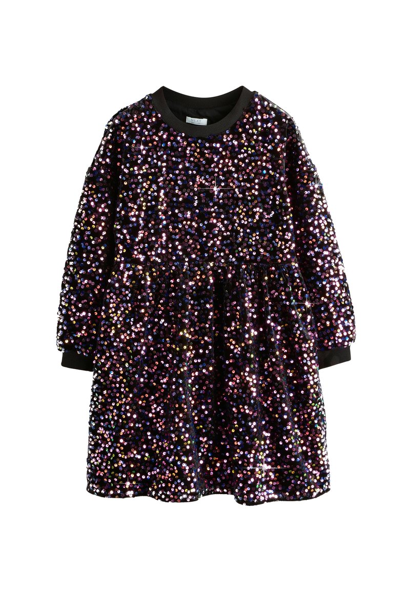 Abito nero coperto di paillettes multicolori con maniche lunghe e vita arricciata. Presenta un collo rotondo e polsini a coste neri.