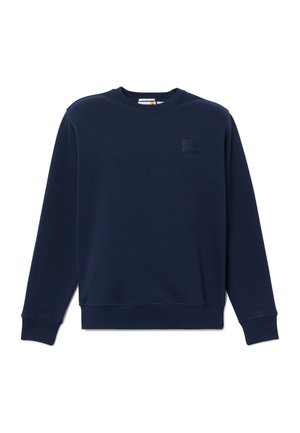 Mørkeblå crewneck-sweatshirt med lange ærmer og et lille bryst-patch-logo på venstre side.