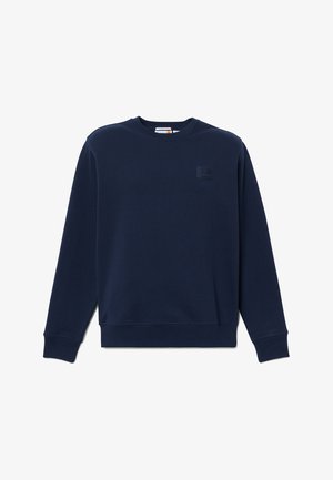 Mørkeblå crewneck-sweatshirt med lange ærmer og et lille bryst-patch-logo på venstre side.
