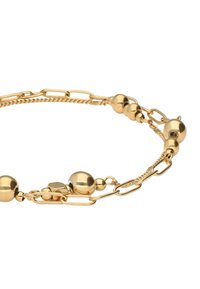 Pulsera de cadena de oro con cuentas redondas y eslabones alargados, alternando en diseño y textura, con un cierre seguro.