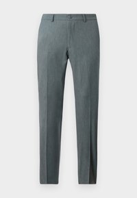 Slim-fit broek van gestructureerde grijze stof met een platte voorkant, knoopsluiting en riemlussen. Heeft een zakelijke snit en rechte benen.