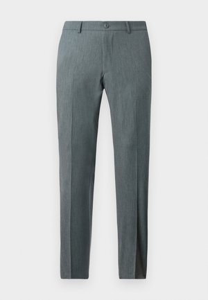 Pantalones slim fit en tejido gris texturizado con un frente plano, cierre de botón y trabillas para cinturón. Presenta un diseño entallado y piernas rectas.