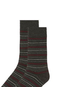 Calze grigie scure con strisce orizzontali in bordeaux e grigio chiaro, mostrate affiancate su uno sfondo bianco.