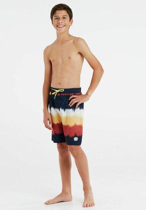 Costumi da bagno con un motivo tie-dye nei colori blu navy, rosso, giallo e bianco. Vita elastica con cordoncino giallo e piccolo patch con logo all'orlo.