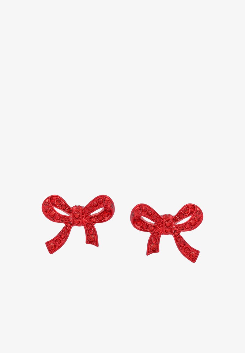 Red acrylic earrings shaped like bows, adorned with clear rhinestones on the loops and tails, featuring a glossy finish.