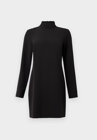 Robe noire à manches longues avec col montant, confectionnée dans un tissu lisse. Présente une coupe droite et une fermeture éclair dans le dos. Design minimaliste, sans motifs.