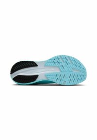 Semelle de chaussure avec une surface en caoutchouc bleu clair et des coussinets de traction noirs. Des rainures notables améliorent l'adhérence et la flexibilité dans le design.
