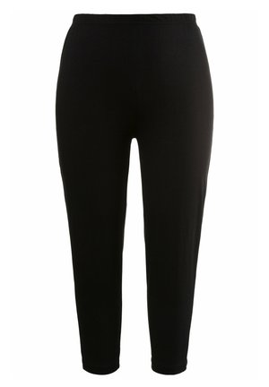 Pantalons de jogging noirs avec une taille élastique, fabriqués en tissu doux, dotés d'un design de jambe fuselée et d'une texture lisse.