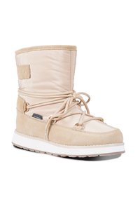 Botte imperméable beige avec une tige en daim doux et en synthétique isolé. Dotée de lacets ronds, d'un col rembourré et d'une semelle en caoutchouc blanche.