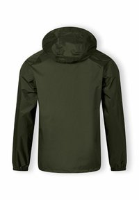 Giacca leggera verde con cappuccio, polsini elastici e una texture liscia e lucida. Design semplice senza segni o motivi visibili.