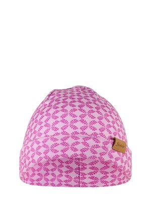 Rosa gemusterte Mütze aus weichem Stoff, mit einem sich wiederholenden Blätterdesign und einem kleinen Lederetikett an der Seite für das Branding.