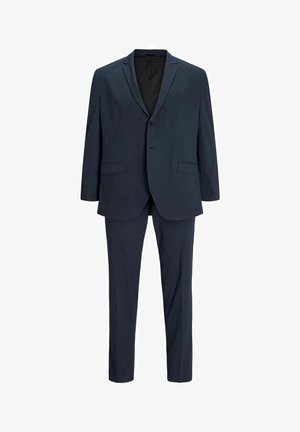 Marineblauer Anzug, einreihige Jacke mit zwei Fronttaschen und Reverskragen, kombiniert mit passenden, schlank geschnittenen Hosen. Glatte Textur.