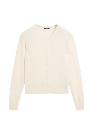 Cardigan en crème clair, à manches longues, encolure ronde, boutonnière entièrement sur le devant, ourlet et poignets côtelés, texture douce. Coupe standard et longueur courte.