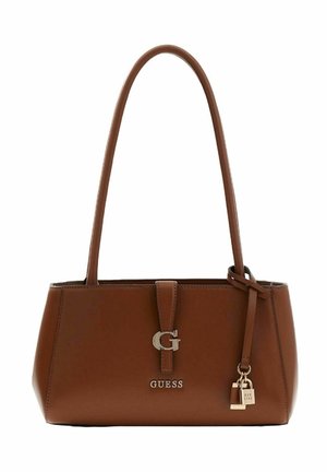 Sac à main structuré marron en cuir synthétique lisse, avec un logo argenté, un cadenas décoratif et une longue anse pour le porter.