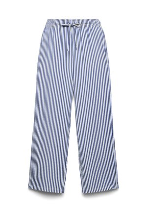Pantalon ample à rayures verticales bleu et blanc, avec une taille élastique et un cordon de serrage à l'avant.