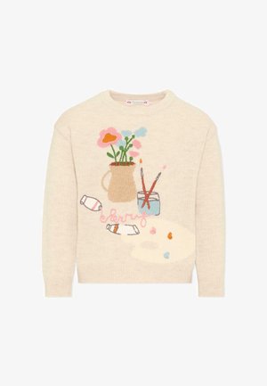 Maglione beige a maglia con tubetti di vernice ricamati, pennelli in un barattolo, un vaso di fiori, una tavolozza da pittore e la parola "seruf" in filo rosa.