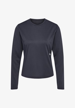 Marineblaue Langarmshirt mit Rundhalsausschnitt, glatter Textur und kleinem Logo auf der linken unteren Seite. Verfügt über einen lässigen Schnitt.