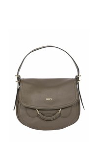 Sac à main en cuir marron avec une fermeture à rabat, quincaillerie dorée, accents arrondis et une bandoulière amovible. Design compact et structuré.