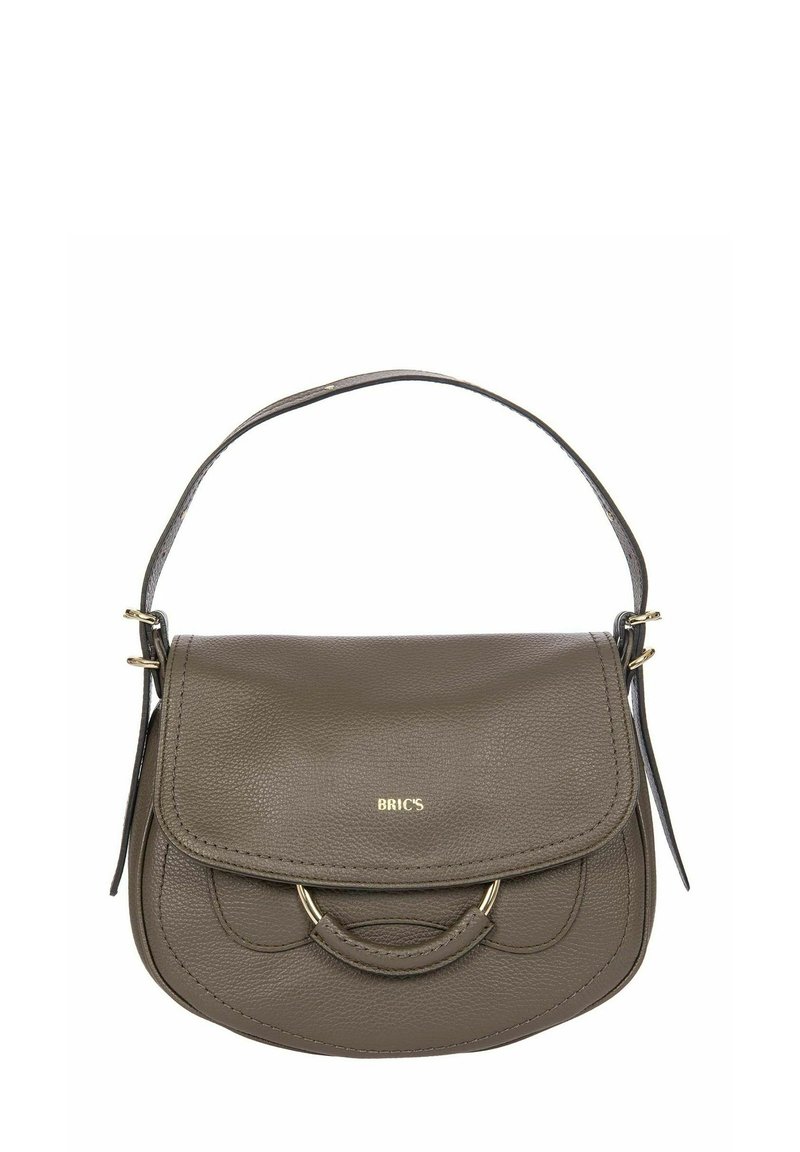 Sac à main en cuir marron avec une fermeture à rabat, quincaillerie dorée, accents arrondis et une bandoulière amovible. Design compact et structuré.