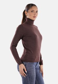 Maglione a dolcevita marrone in vestibilità slim, realizzato in materiale morbido con maniche lunghe, indossato con jeans blu. Design semplice e minimalista.