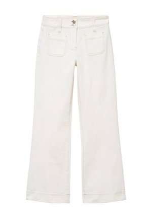 Pantalon large couleur blanc cassé avec deux poches plaquées avant, passants pour ceinture, fermeture par bouton et zip, en tissu style denim.