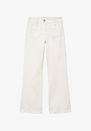 Pantalon large couleur blanc cassé avec deux poches plaquées avant, passants pour ceinture, fermeture par bouton et zip, en tissu style denim.