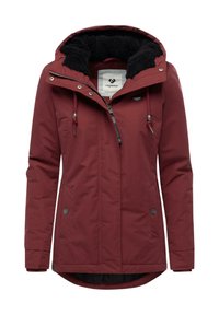 Maroon jacket with a textured black fleece-lined hood, a zippered front, and side pockets. Features adjustable drawstrings and logo accents.