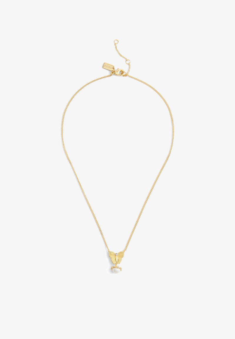 Gold-tone necklace featuring a butterfly pendant with textured wings, adorned with a small pearl at the base. Adjustable chain closure.