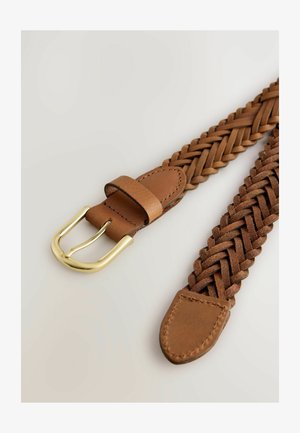 Braided brown leather belt with a gold metal buckle and a rounded tip; features a smooth finish and a loop for securing the belt end.