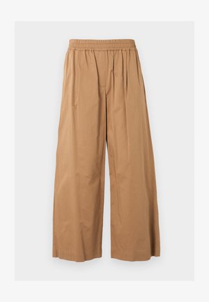 Beige wide-leg pants with elastic waistband and pleats, front seam details, displayed on a plain light background.