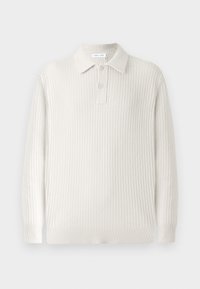 Light beige knitted polo sweater with ribbed texture, a collar, and two buttons. Features long sleeves and a fitted hem.