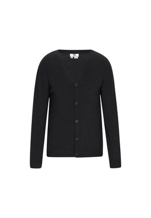 Černý cardigan, design s výstřihem do V, dlouhé rukávy, sedm černých knoflíků vpředu, vyrobený z jemné tkaniny, minimalistický styl bez vzorů.