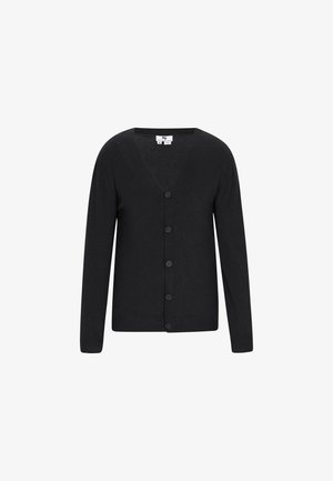 Mustat neuletakki, V-pääntie, pitkät hihat, seitsemän mustaa nappia edessä, valmistettu pehmeästä kankaasta, minimalistinen tyyli ilman kuvioita.