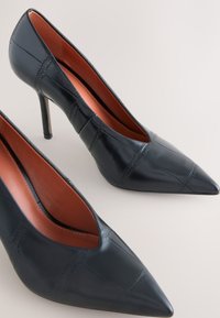 Chaussures à talons hauts noires à bout pointu avec doublure intérieure marron présentées sur un fond neutre.